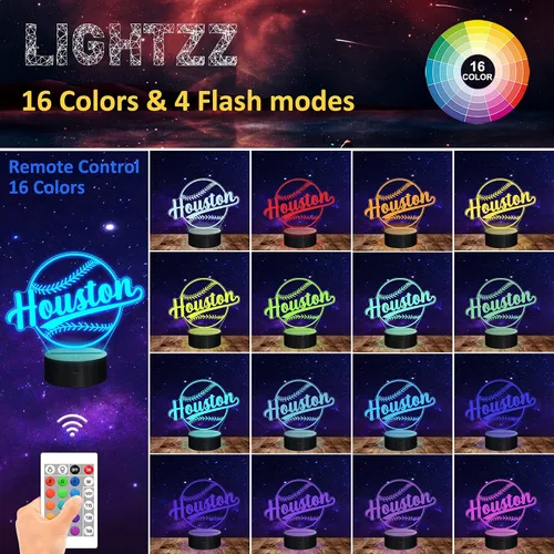 Vista 5 de Regalos de béisbol, luz nocturna de béisbol, lámpara de ilusión 3D para niños, regalo de 16 colores cambiantes, control remoto, iluminación