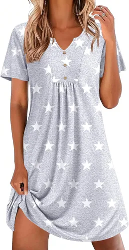Vista 9 de Ekouaer Camisones para mujer de algodón Vestidos de noche Plisados Camisones Henley Cuello en V Camisas de dormir de manga corta Ropa de dormir