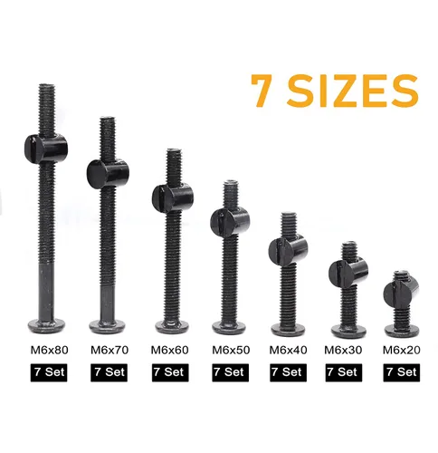 Vista 3 de Kit de tornillos de cuna M6, perno de conector plano negro para muebles con tuercas de barril para marcos de cama, 0.787 in - 3.150 in (5 tamaños)
