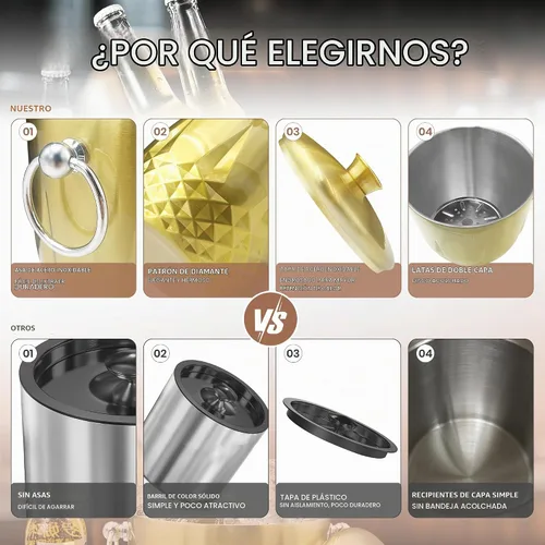 Vista 6 de Cubo de hielo de acero inoxidable de doble pared 3L, oro Glod-2