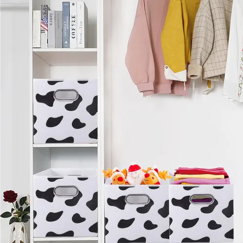 Vista 3 de ANMINY 2 cubos de almacenamiento con estampado de vaca, cestas de almacenamiento de 11 pulgadas con asas, lavables, plegables, de tela de algodón