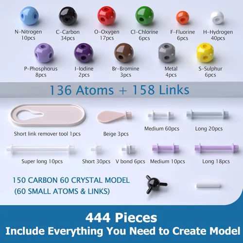 Vista 3 de Kit de modelo molecular YCHOULEK, set de química molecular orgánica de 444 piezas, kit de modelo de elementos atómicos para lecciones de química