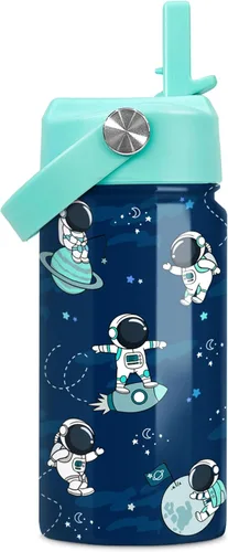Vista 11 de SANDJEST Botella de agua para niños con tapa con pajilla, botellas de agua de acero inoxidable con aislamiento del alfabeto de 12 onzas para niños
