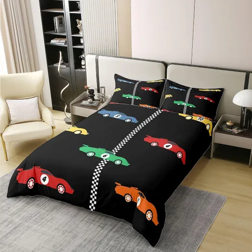 Vista 2 de Juego de funda de edredón de coche de carreras para niños, 100% algodón, tamaño individual, juego de funda de edredón de algodón para decoración