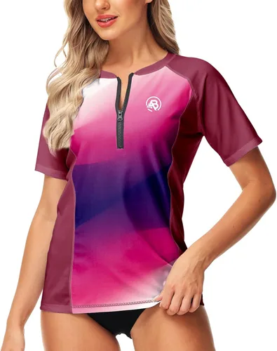 Vista 5 de AOBUTE Camiseta de surf con cremallera de manga corta con gradiente UPF 50+ para mujer