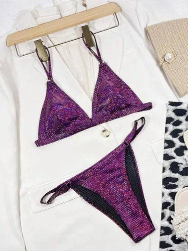 Vista 3 de YAUASOPA Bikini brillante para mujer, traje de baño de dos piezas con tanga