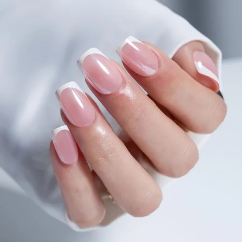 Vista 22 de Modelones Uñas postizas cuadradas cortas, color blanco y rosa, 32