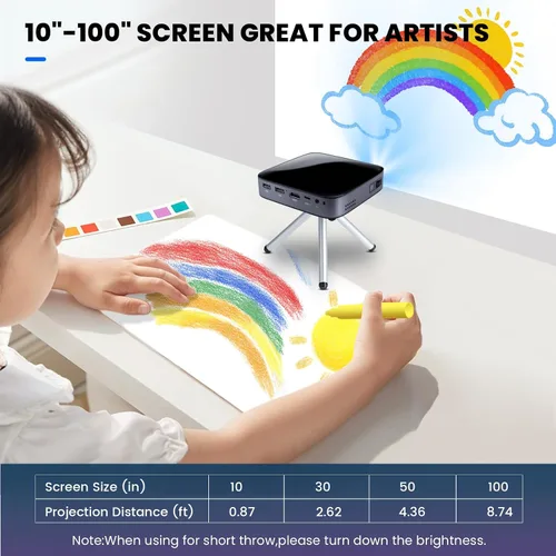 Vista 5 de Mini proyector portátil con altavoz de batería recargable y tirpod, proyector pico de 1080P (entrada 4K), sistema de transmisión integrado