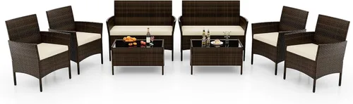 Vista 22 de RELAX4LIFE Juego de muebles de patio de 4 piezas – Juego de muebles de ratán para conversación al aire libre con cojines, mesa de centro de cristal