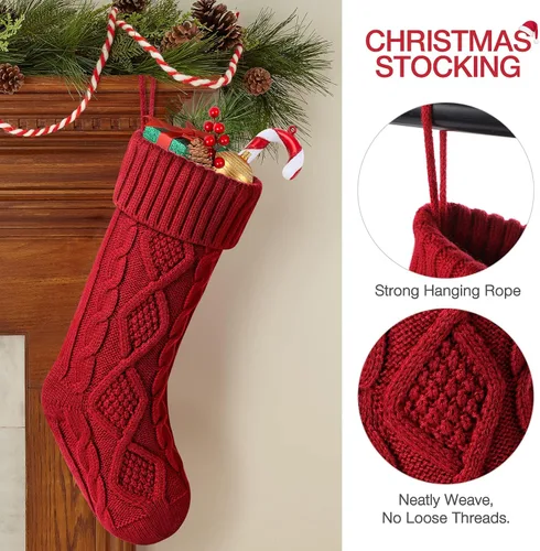 Vista 3 de Hommtina Medias de Navidad, medias de Navidad personalizadas de 18 pulgadas, de gran tamaño, punto trenzado, regalos (4 unidades, blanco y rojo)