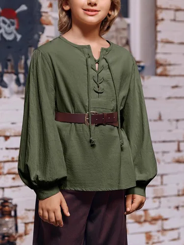 Vista 3 de Makkrom Camisa de disfraces para niño, medieval, renacentista, Halloween, jacobita escocés, Ghillie, con cordones, para niños de 5 a 14 años