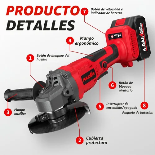 Vista 6 de Amoladora angular inalámbrica de 4-1/2 pulgadas, herramienta de amoladora angular sin escobillas de 10000 RPM, ajuste de 3 velocidades, amoladoras