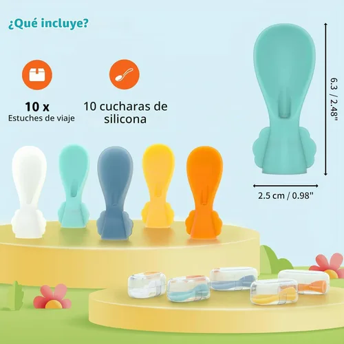 Vista 2 de Cuchara universal para alimentos para bebés, paquete de 10, cucharas de silicona para bebés, para viajes, para comida de bebé, cuchara exprimible