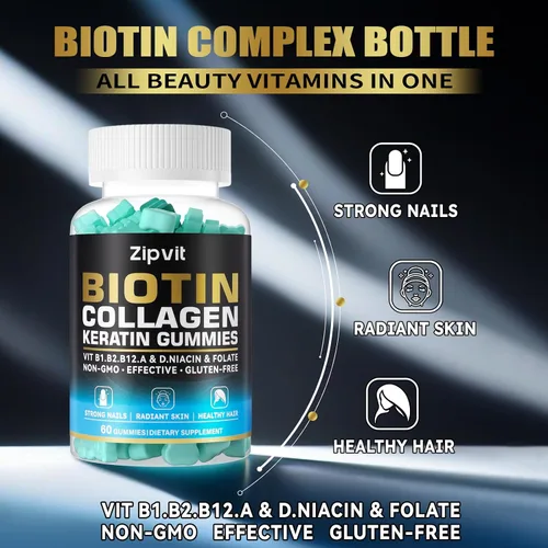 Vista 3 de zipvit Gomitas de colágeno de biotina, vitaminas para la piel y las uñas para mujeres y hombres, vitaminas para el crecimiento del cabello: B1, B2