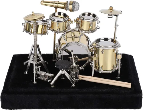 Vista 6 de Cyrank Mini modelo de kit de batería, modelo de instrumento musical dorado de metal, adorno de exhibición con soporte y estuche en miniatura