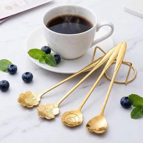 Vista 7 de Juego de 4 cucharaditas de café de 7 pulgadas, cucharas de café para bebidas, para postre, café, helado, té (dorado)