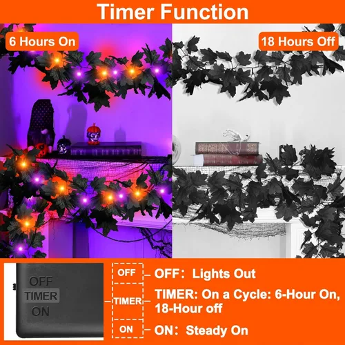 Vista 3 de Temporizador y más grueso: paquete de 2 guirnaldas de hojas de arce negras de Halloween, luces moradas y naranjas, total de 13 pies, 40 luces LED