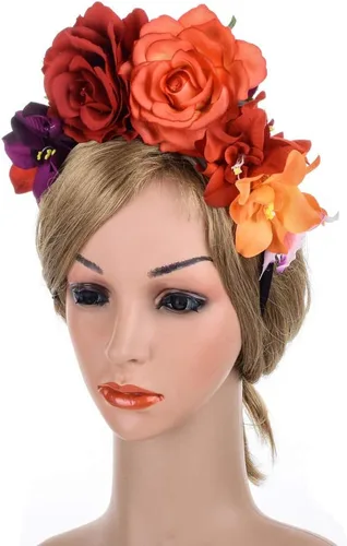 Vista 5 de DreamLily Frida Kahlo NC27 - Diadema con corona de flores mexicanas Dia de Los Muertos Rojo anaranjado
