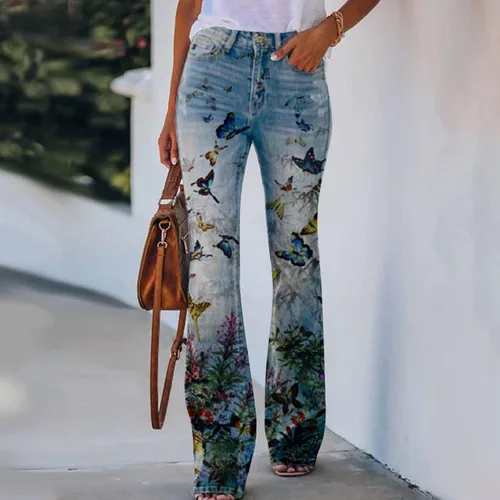 Vista 2 de Pantalones casuales sueltos con estampado floral para mujer, cintura alta, micro acampanados, desgastados, pantalones de mezclilla de pierna recta