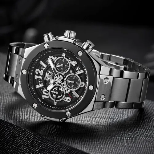 Vista 9 de SENSETONE Mens Watches Quartz Movement Chronograph Stainless Steel Black Strap Fashion Business Sport 30M Waterproof Big Dial Wristwatch Elegant
