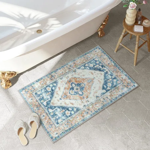 Vista 9 de Uphome Alfombra de Baño Azul Boho Desgastada Alfombra de Baño Oriental Suave de Pelo Largo Antideslizante Alfombra de Baño Lavable a Máquina Vintage