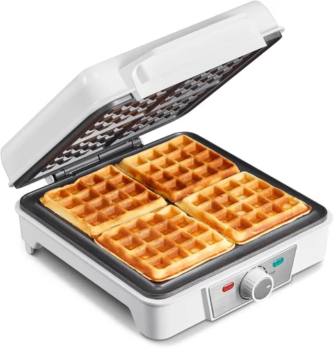 Vista 7 de Máquina de gofres belga de 4 rebanadas, plancha para gofres de 1200W, plancha antidesbordamiento con perilla de tostado, placas antiadherentes