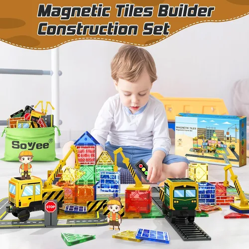 Vista 7 de Magnetic Tiles with 2 Cranes, Magnetic Construction Toys STEM Building Toys