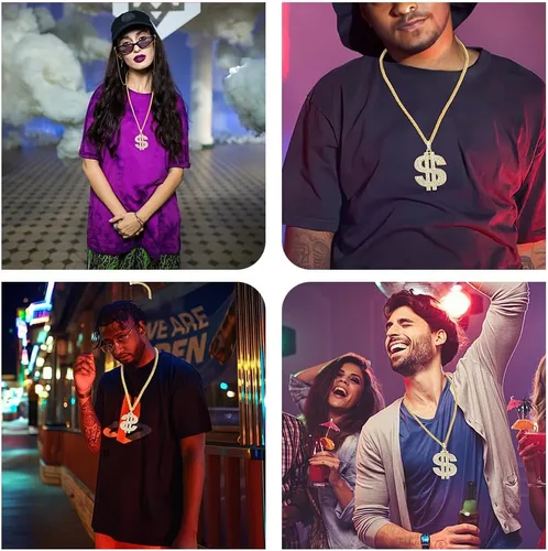 Vista 6 de Hip Hop Cadena de oro larga chapada en oro, accesorios para hombre, collares con signo de dólar, collar de dinero, cadena de oro falsa