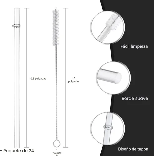 Vista 3 de Paquete de 24 popotes de plástico reutilizables altamente transparentes con 4 cepillos de limpieza, popotes de 10.5 pulgadas de largo, popote