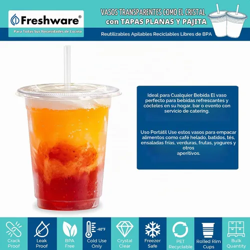 Vista 2 de Freshware Vasos de plástico desechables transparentes de 12 onzas con tapas planas y popotes, paquete de 100 vasos de plástico transparente, vasos