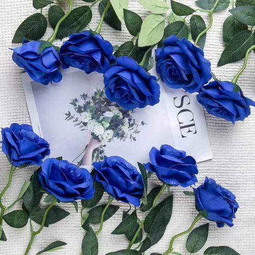 Vista 4 de 10 ramos de rosas artificiales de seda de color azul real, de un solo tallo largo, de terciopelo de tacto real, para decoración del hogar, oficina