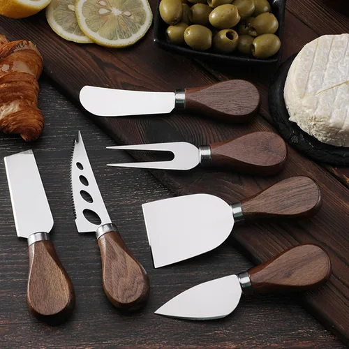 Vista 4 de Juego de cuchillos esparcidores de mantequilla de queso, accesorios de tablero de charcutería, utensilios de acero inoxidable con mango de madera