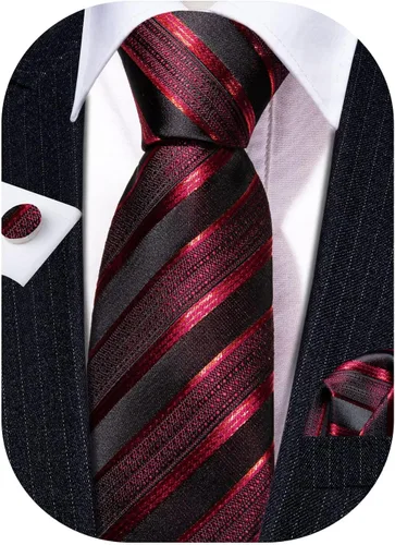 Vista 103 de Barry.Wang Juego de corbatas a cuadros para hombre con pañuelo gemelos de rayas clásicas
