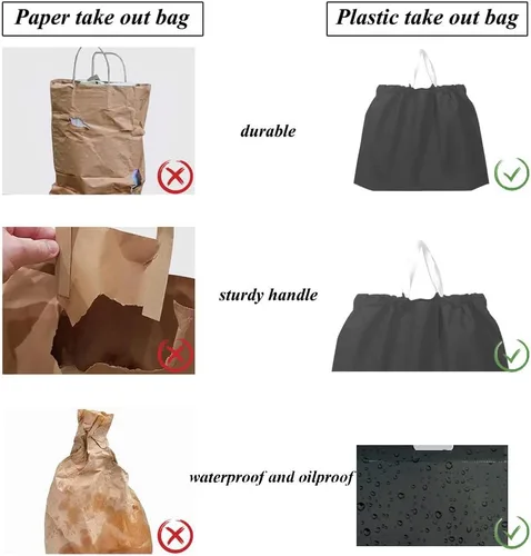 Vista 4 de 50 bolsas de plástico con asas resistentes al agua, resistentes para llevar, bolsa de transporte para alimentos, para restaurantes, comestibles