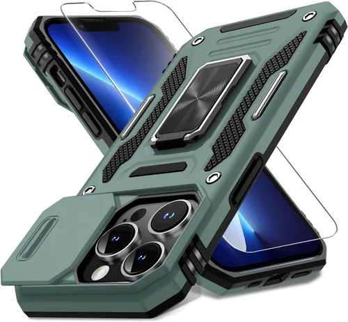 Vista 365 de DEERLAMN Funda para iPhone Xs Max con funda deslizante para cámara + protector de pantalla, soporte giratorio de anillo de grado militar a prueba