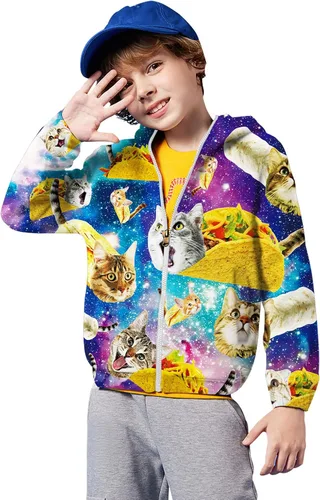Vista 4 de TUONROAD 6-16T - Sudaderas con capucha con cremallera para niños y niñas, estampado 3D con bolsillos