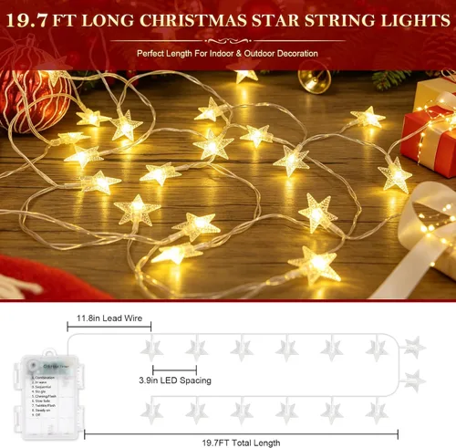 Vista 6 de 20FT 60LED Christmas Star Fairy String Lights Battery Operated Warm White 8 Lighting Modes with Timer Function IP44 Waterproof Design for Christmas