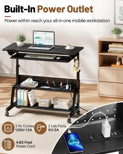 Vista 5 de Rolling Computer Desk with Power Outlet, Portable Desk with Keyboard Tray Black