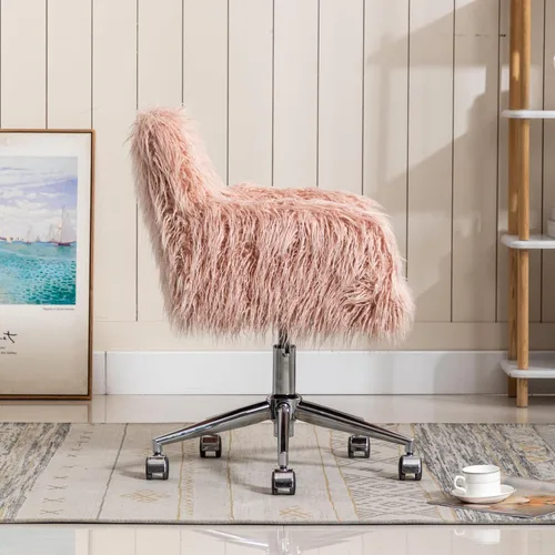 Vista 7 de Silla de escritorio de piel sintética con ruedas, moderna silla de tocador de maquillaje peluda para niñas y mujeres, sillas de escritorio tapizadas