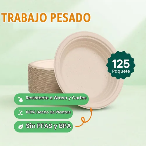 Vista 2 de Platos de Papel Hondos, Platos de Cena Desechables Resistentes [Paquete de 125] Platos de 9 Pulgadas - 100% Compostables Ecológicos, Bagazo de Caña