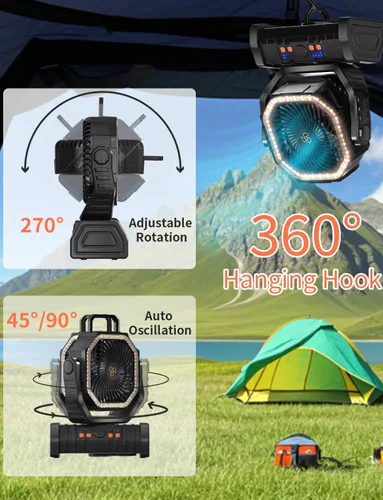 Vista 6 de Ventilador Operado por Batería Portátil Alimentado por Batería Ventilador para Tienda de Campaña al Aire Libre con Luz de Linterna LED 20000mAh