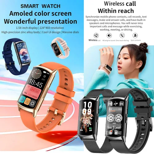 Vista 2 de Reloj inteligente (respuesta/haz llamadas) para mujer, reloj inteligente AMOLED de 1.58 pulgadas para iPhone Android, rastreador de actividad