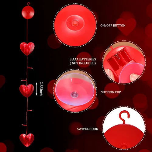 Vista 3 de 5 luces de corazón para ventana de San Valentín, decoración iluminada para el día de San Valentín, funciona con pilas, luces de fondo con gancho