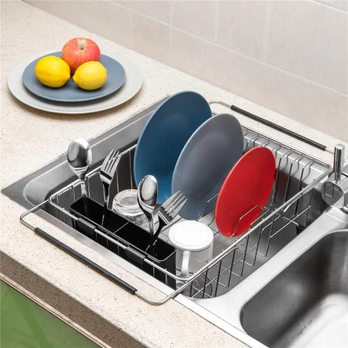 Vista 3 de SANNO - Escurreplatos para secar platos, estante grande para platos ajustable con escurridor profundo y soporte extraíble para cubiertos, estante