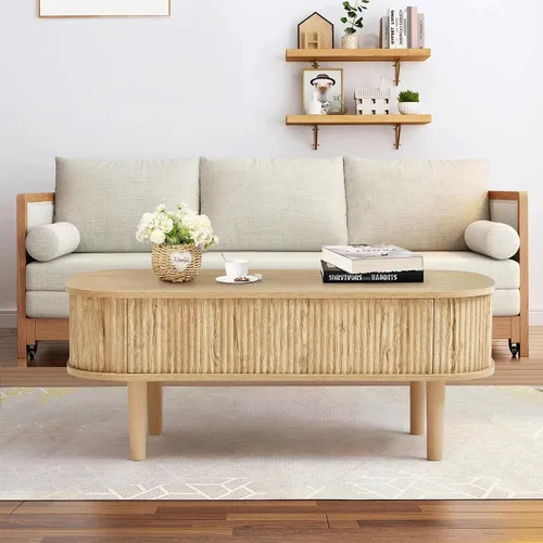 Vista 6 de Mesa de centro con parte superior acanalada totalmente montada con compartimento oculto, mesa central de madera, moderna mesa de elevación ovalada