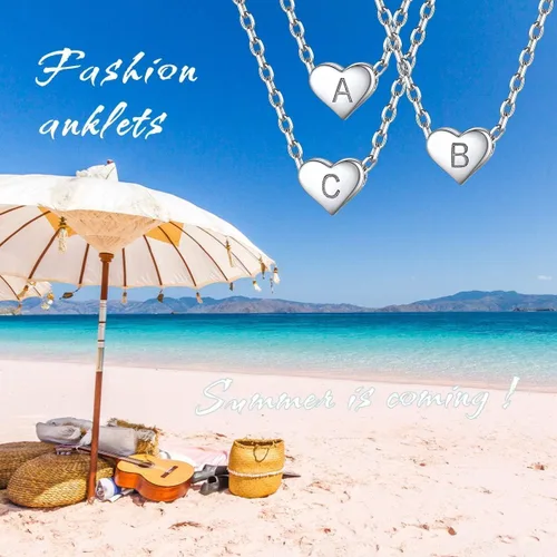 Vista 9 de ChicSilver Tobilleras de plata de ley 925 con iniciales para mujer, delicada pulsera de tobillo de corazón de playa, joyería de pie ajustable