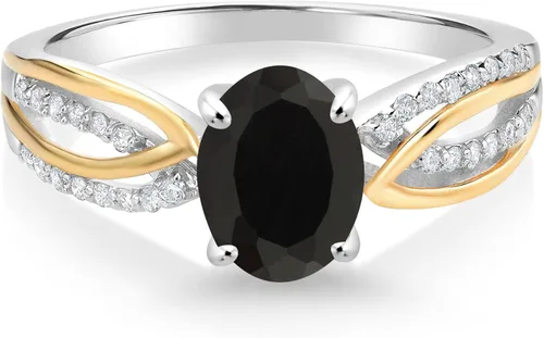 Vista 2 de Gem Stone King Anillo de compromiso de plata de ley 925 y oro amarillo de 10 quilates, ónix negro y diamante cultivado en laboratorio blanco