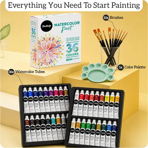 Vista 2 de Chalkola - Set de pintura de acuarela para adultos, niños, artistas principiantes y profesionales - Juego de 36 tubos de acuarela (12ml, 0.4oz), 10
