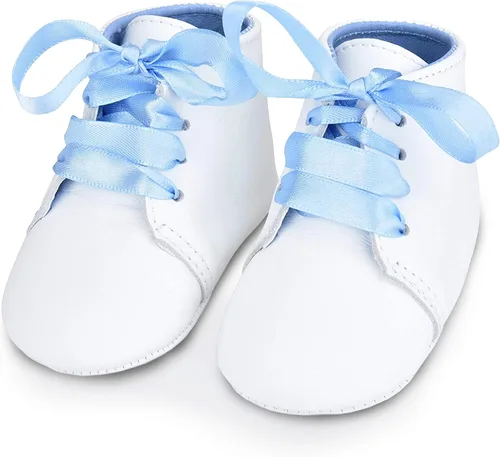 Vista 2 de BabyShoe - Zapatos de bautizo para bebé piel con lazo diseño de bautizo color azul