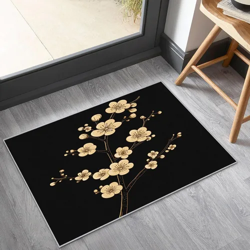 Vista 2 de Alfombra floral negra y dorada para entrada, dormitorio, cocina, 2 x 3 pulgadas, diseño de flor de cerezo de 2 x 3 pies, alfombra pequeña con diseño